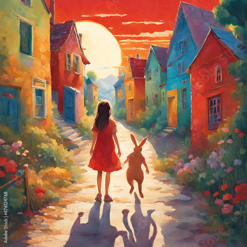 Menina com Coelho em rua com casas coloridas. Sol ao fundo.  photo