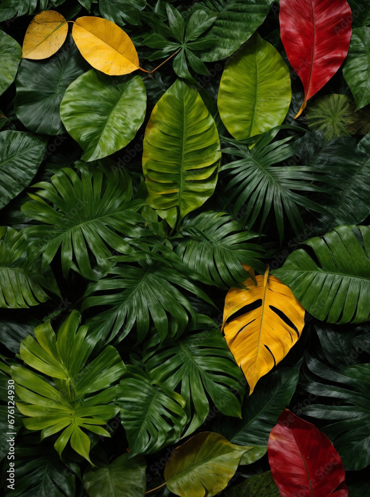 Naklejka premium green leaves wallpaper of forest in the jungle