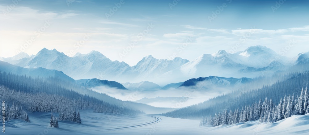 The abstract background pattern on the car print depicts the beauty of nature during a winter day with a snowy white road winding through the majestic mountains covered in ice The abstract background pattern on the car print depicts the beauty of nature during a winter day with a snowy white road winding through the majestic mountains covered in ice
