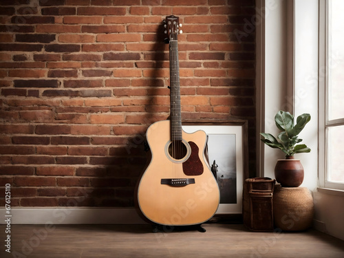 Acoustic wooden guitar leaning on aged brick wall, music instrument concept background