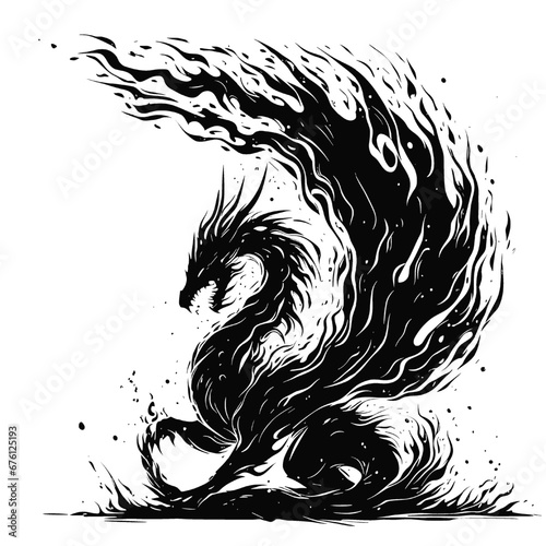 Fototapeta Naklejka Na Ścianę i Meble -  Black decorative drawing of a dragon surrounded by flames.