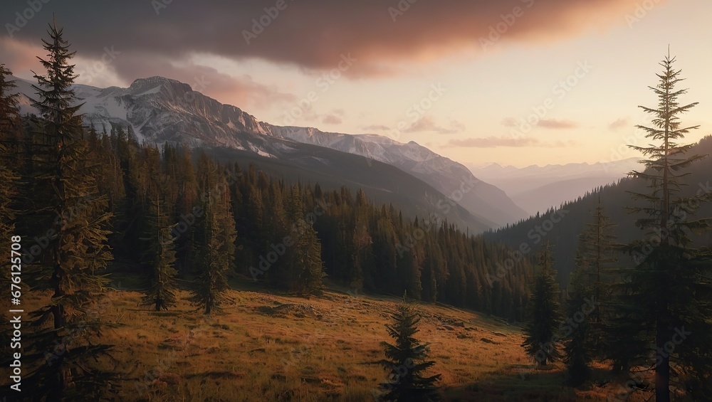 Illustration of valley view of forest trees, mountains and sunset