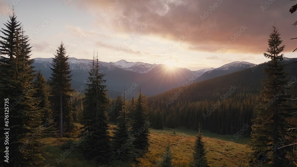 Illustration of valley view of forest trees, mountains and sunset