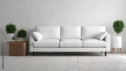 White sofa on clean white bricks wall. White living room.