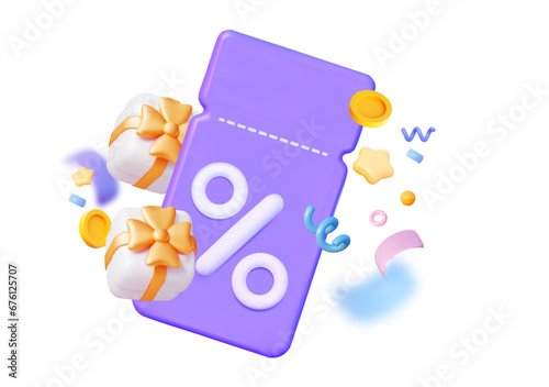 Promo Code Coupon ticket with gift box flying and confetti. Discount for holiday for marketing and sales. Colorful confetti with golden gifts for New year, birthday and other events. 