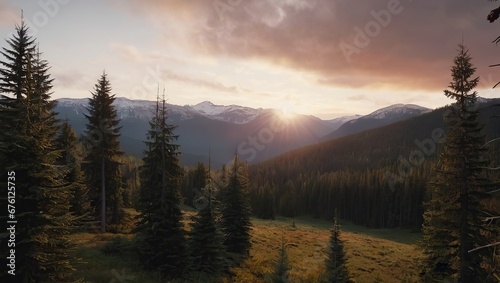 Illustration of valley view of forest trees, mountains and sunset