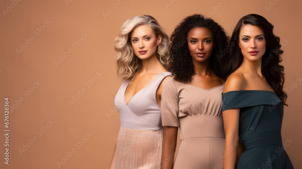 Group of women of different dressed standing together. Three diverse women looking at camera against pastel background.