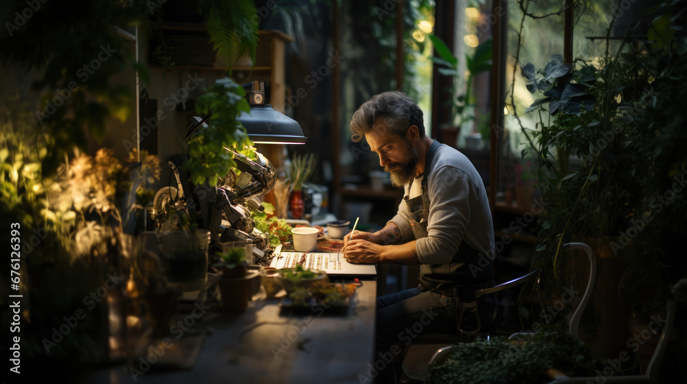 Portrait of a man working in a flower shop, make notes. - obrazy, fototapety, plakaty 