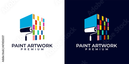 Paint roller logo with building or house design. Modern colorful painting services logo vector. Mosaic painting building. Logo design of painting, house, building, office, outdoor, indoor, mosaic.