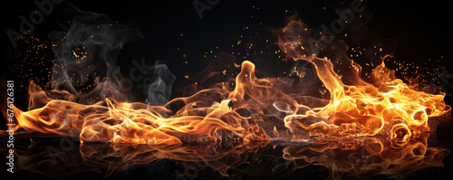 Fire of burning fuel isolated on black background, banner of abstract flame pattern at night. Concept of texture, nature, smoke, wide banner © Natalya