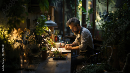 Portrait of a man working in a flower shop, make notes.