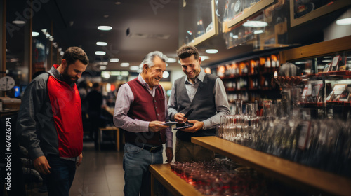 Men choosing alcohol in a liquor store. photo