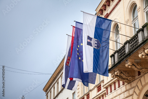 Osijek city flag with the coat of arms of the city. It is the official visual and symbol of Osijek, one of the main cities of Slavonia, in Croatia, Central Europe. photo