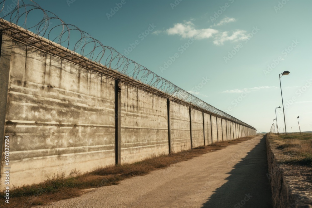 Prison perimeter fence. Background with selective focus and copy space Prison perimeter fence. Background with selective focus and copy space