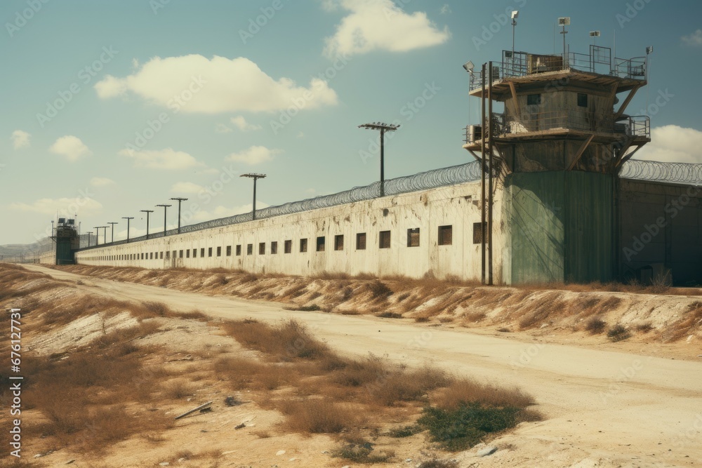 A huge prison in the desert. Background with selective focus and copy space