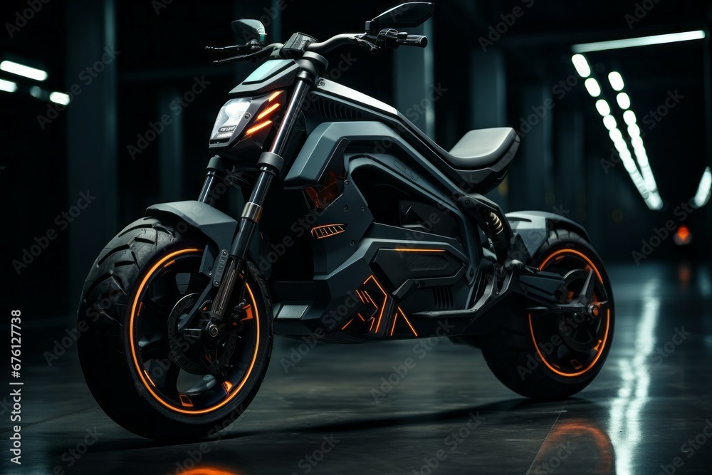 Modern electric motorcycle. Background with selective focus and copy space