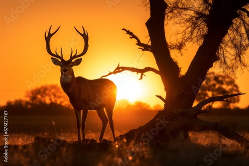 Deer at sunrise or sunset. Background with selective focus and copy space
