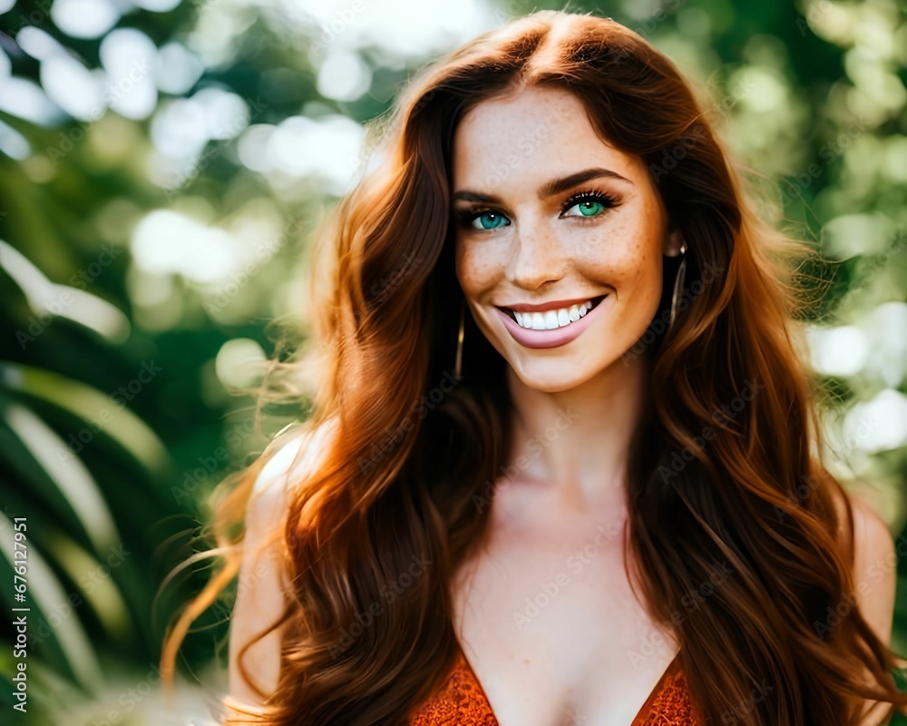 Fototapeta premium a beautiful young woman with long, wavy brown hair, smiling and posing for a picture. generative ai