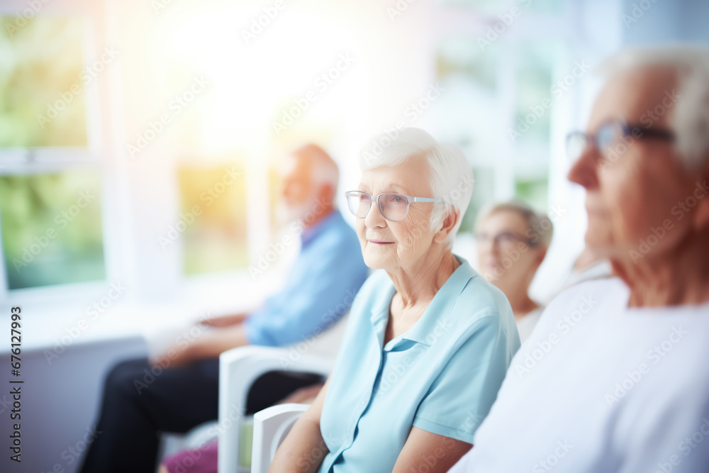 A group of elderly individuals sitting in a nursing home, with a close-up of a sweet and tender-looking elderly woman. They are watching television. Protection and care for our seniors.