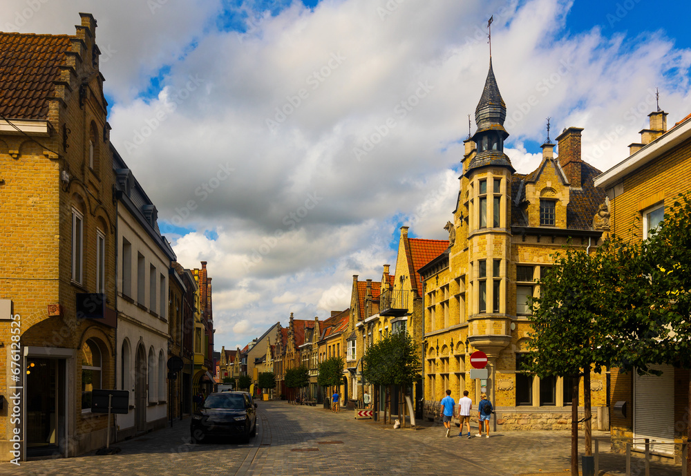 Street with historical houses in Diksmuide city center. Belgium