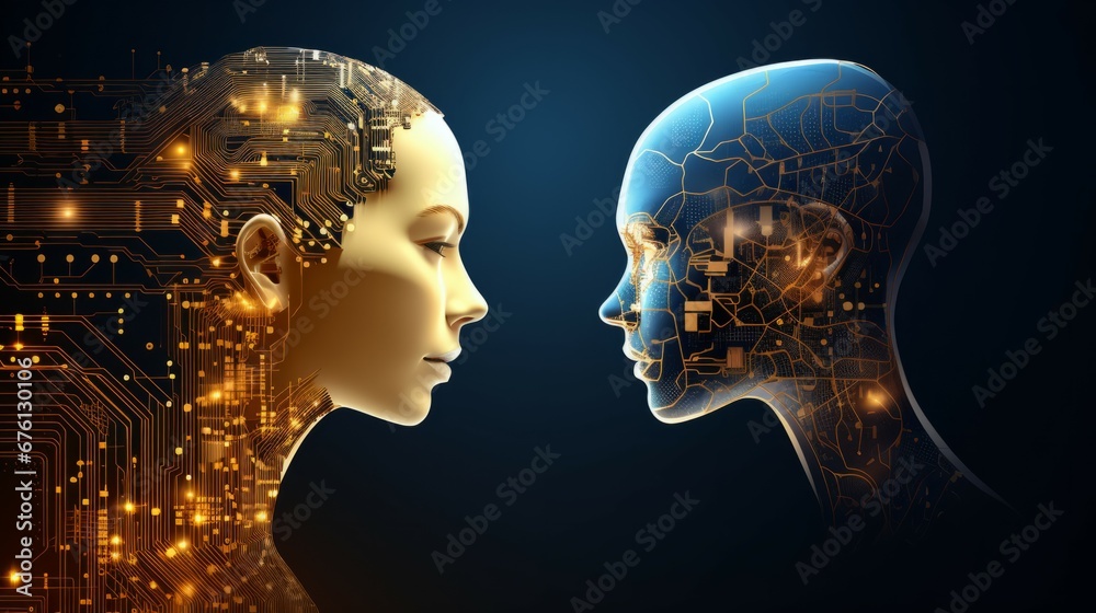 Obraz premium A close up of robots and women With digital web as the background. IoT technology and digital concept