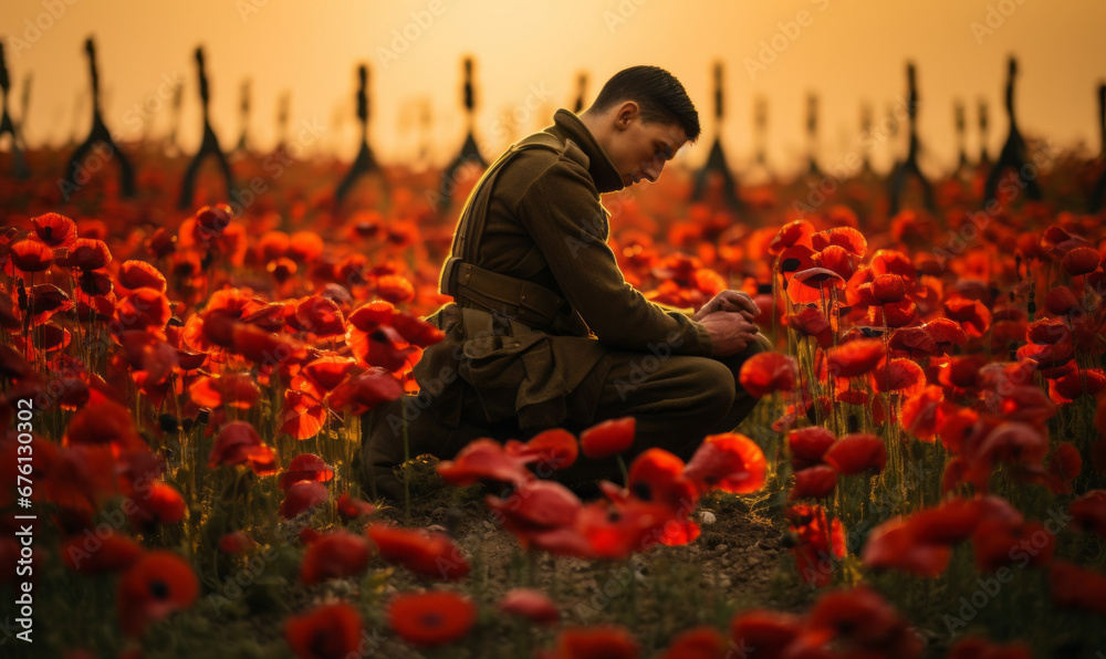 A soldier sitting in a field of poppies remembering those who lost their lives for peace during war - obrazy, fototapety, plakaty 