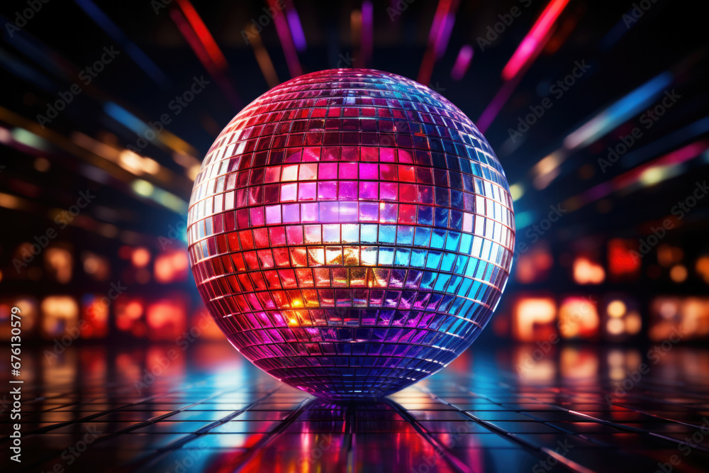 Obraz premium A concert dance stage of the 70s disco era with a shimmering disco ball and neon lights