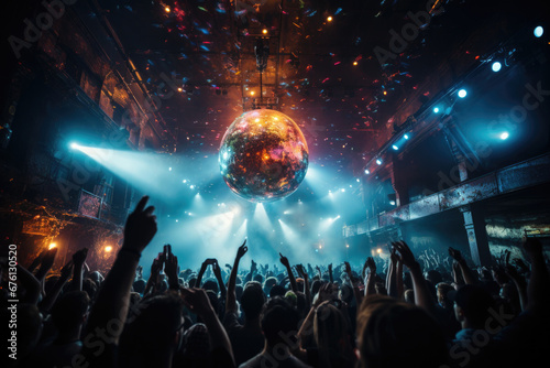 A concert dance stage of the 70s disco era with a shimmering disco ball and neon lights photo