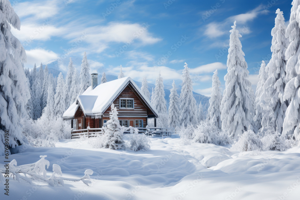 A snowy winter landscape with evergreen trees and a charming wooden cabin, evoking the serenity and magic of a white Christmas. Generative Ai. A snowy winter landscape with evergreen trees and a charming wooden cabin, evoking the serenity and magic of a white Christmas. Generative Ai.