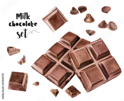 Watercolor illustration of milk chocolate dessert close-up. Design template for packaging, menu, postcards.