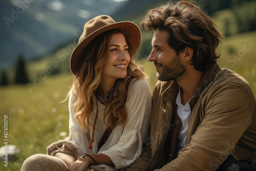A young couple deeply in love embarks on a picnic excursion to the Alps in the Dolomites. They sit together, gazing at the picturesque green meadow landscape. Generative Ai.