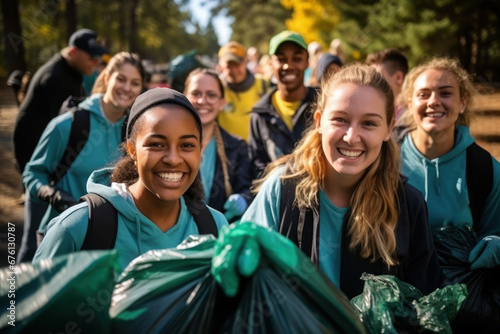 A team of young and diverse volunteer workers takes pleasure in participating in charitable outdoor work, involving the cleanup of garbage and waste separation projects. Generative Ai.