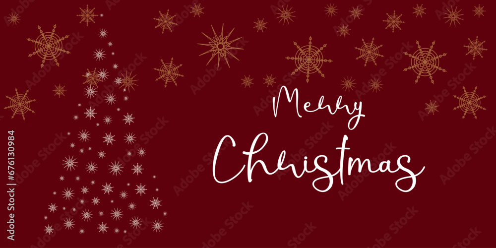 Fototapeta premium Decorated Christmas tree on a dark background. Christmas tree made of white snowflakes. Design postcard flyer, coupon. Conception holiday. Vector illustration.