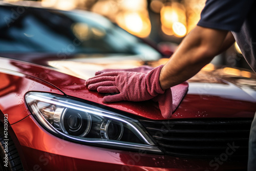 A man meticulously cleans a car with a microfiber cloth, evoking the concept of car detailing and car wash services. Generative Ai. © Sebastian