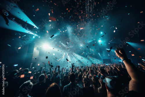The ambiance of a live rock concert, party, or festival in a nightclub is captured, featuring an ecstatic crowd, stage lights, and falling confetti. Generative Ai.