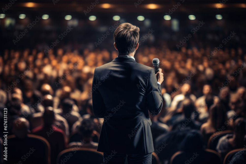 A motivational speaker stands on stage in front of an audience, delivering an inspirational speech during a conference or business event. Generative Ai. - obrazy, fototapety, plakaty 