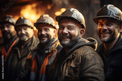A group of construction workers at a construction site beams with happiness, symbolizing teamwork and camaraderie within the construction industry. Generative Ai.