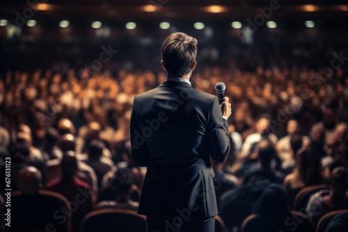 A motivational speaker stands on stage in front of an audience, delivering an inspirational speech during a conference or business event. Generative Ai.