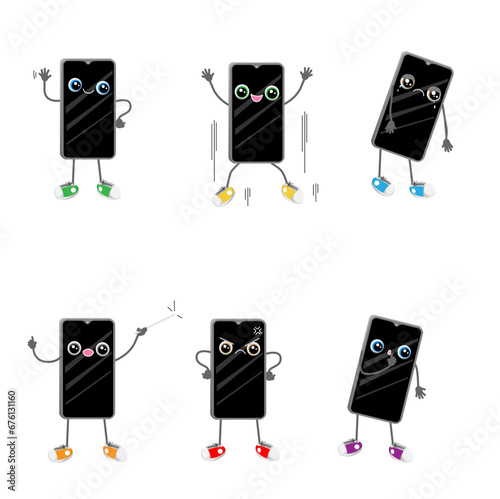 set de ilustraciones de personaje de celular con diferentes poses, caras y situaciones 