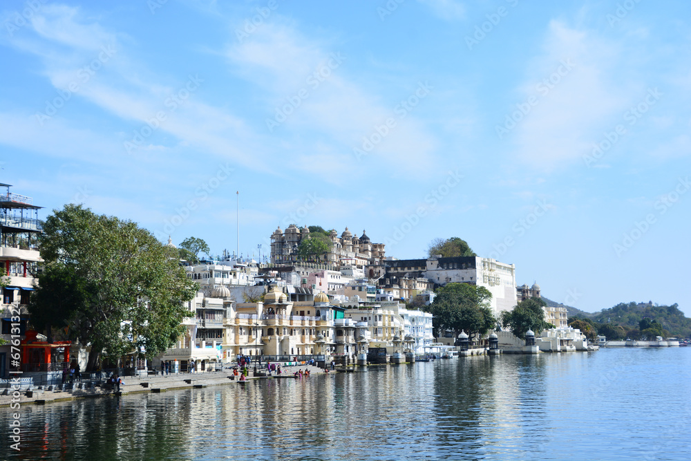 Constructions along the Lake Pichola shoreline. Lake Pichola is an artificial fresh water lake, created in the year 1362.