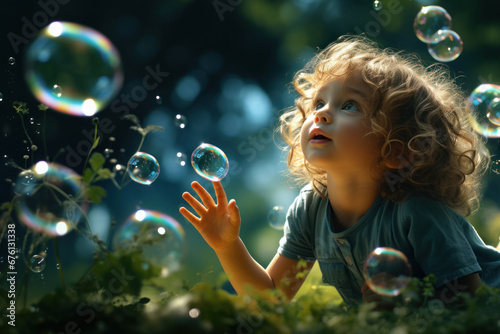 An inquisitive toddler gazes in wonder at a mesmerizing bubble as it floats by during a summer afternoon in the park. Child and soap bubbles. Generative Ai.