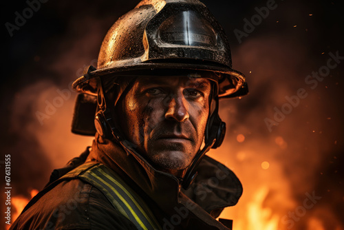 A confident firefighter stands ready in full gear amidst a blaze, demonstrating courage and dedication in protecting the community. Firefighter in action. Generative Ai. © Sebastian