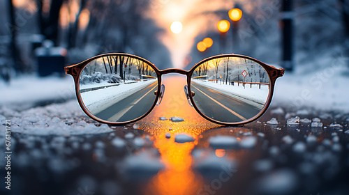 Glasses in winter conditions: snow, ice, frost, winter, cold, snowflakes, frames [created with generative AI technology]