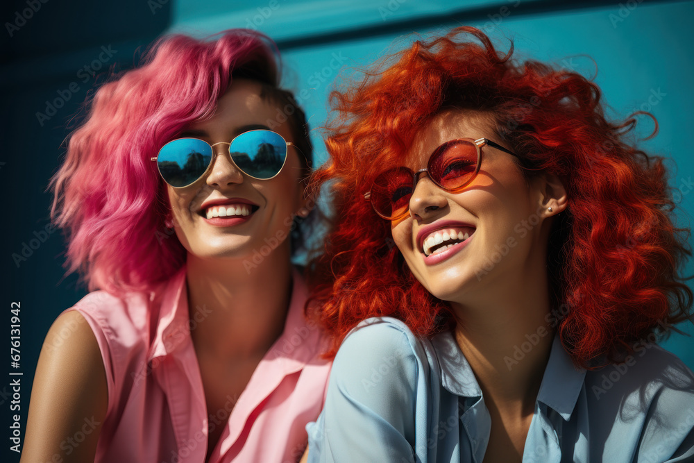 Fototapeta premium A pair of friends, one with vibrant red hair and the other with a striking shade of blue, capture a moment of shared laughter. Generative Ai.