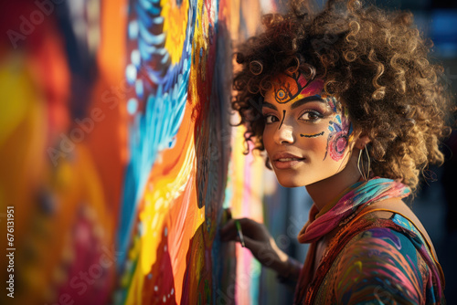 A talented artist, with a palette of vibrant colors, paints a mural representing the unity of all people, inspiring passersby with a message of diversity and inclusion. Generative Ai.