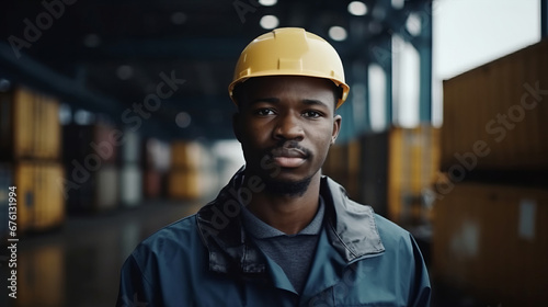 Portrait warehouse parcel delivery African black male staff worker happy working in port cargo shipping industry with safety suit. Work concept. Cargo concept. Shipping concept