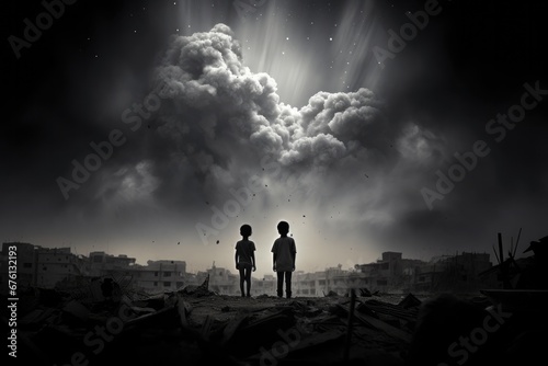 children walking in destroyed city with smoke of detonations in the distance.  photo
