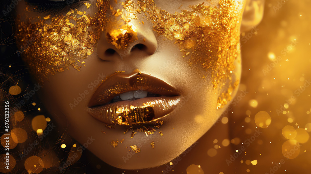 Close-up of a young female face in gold glitter cream glitter and gold sequins flying around. Decorative cosmetics for woman. 