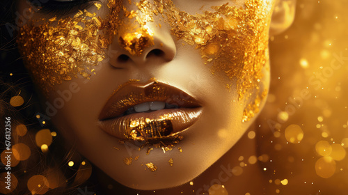 Close-up of a young female face in gold glitter cream glitter and gold sequins flying around. Decorative cosmetics for woman. 