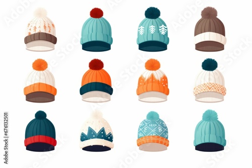 Beanie hat cap, mockup knit, winter clothes, wool fashion, cold style cartoon icons set illustrations
